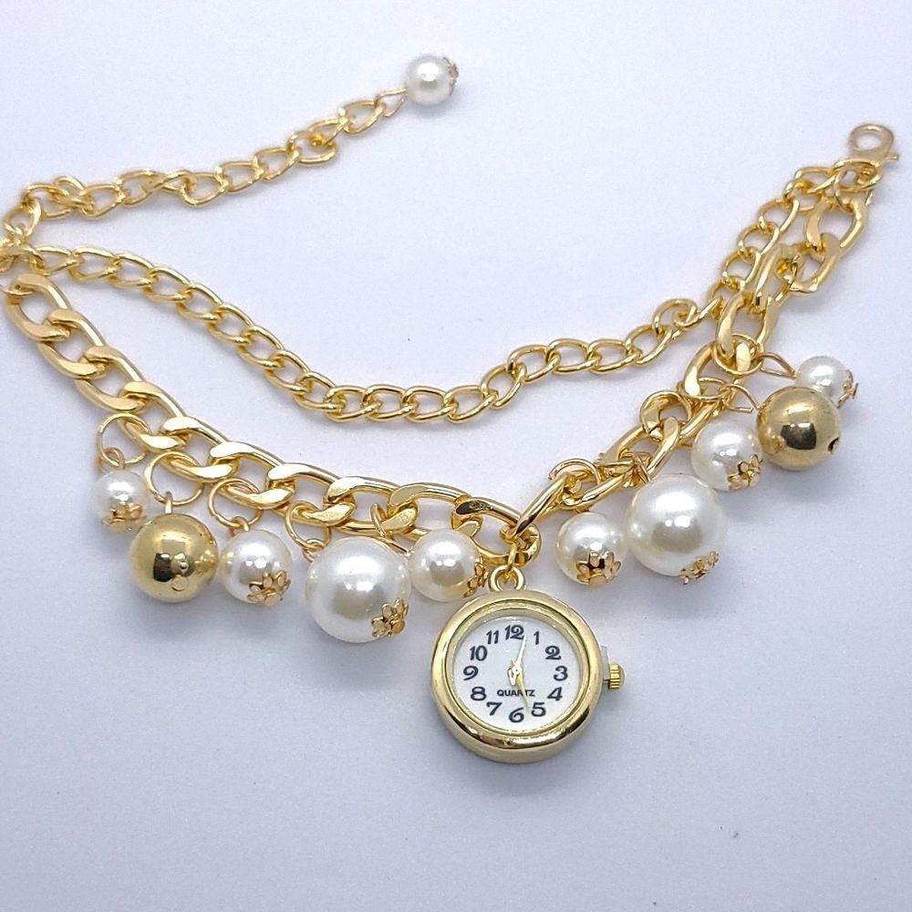 Gold Charm Bracelet Watch Faux Pearl Layered Chain Vintage Inspired Old Money - Picture 6 of 9